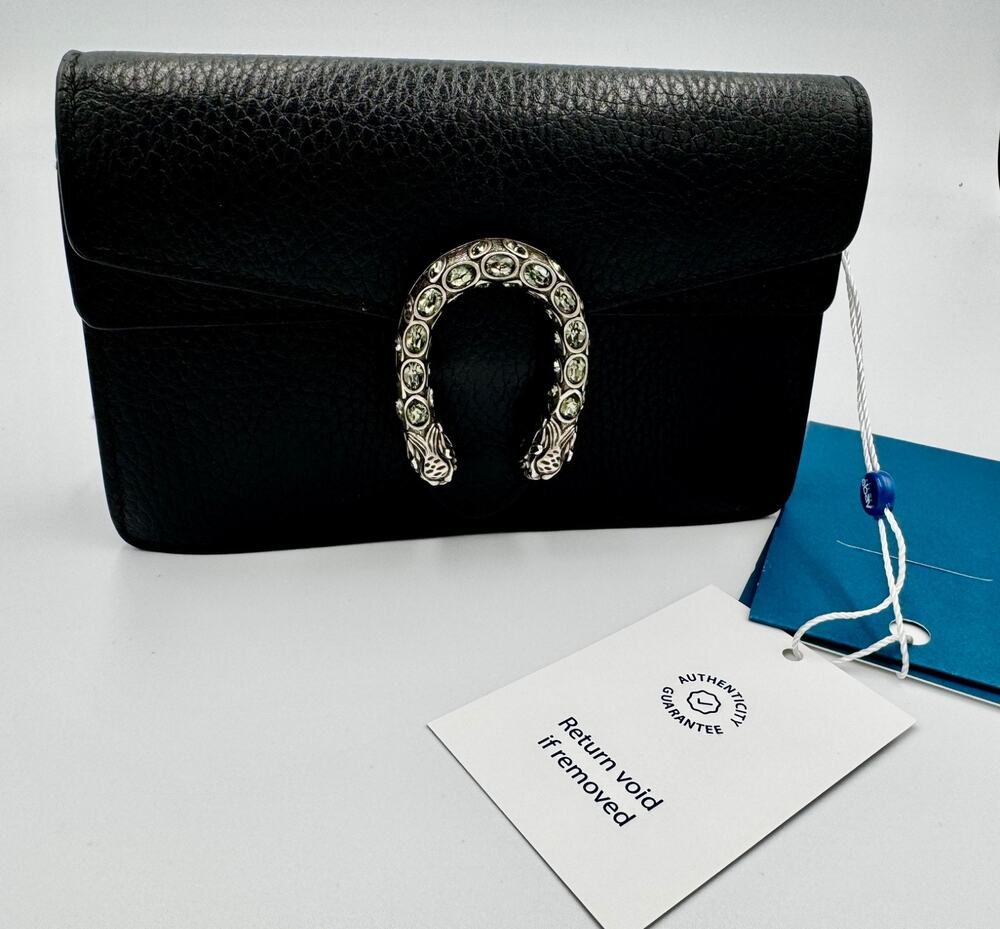 Auth Gucci Dionysus Mini Black Leather Chain Wallet Crystal Tiger Head Spur Bag